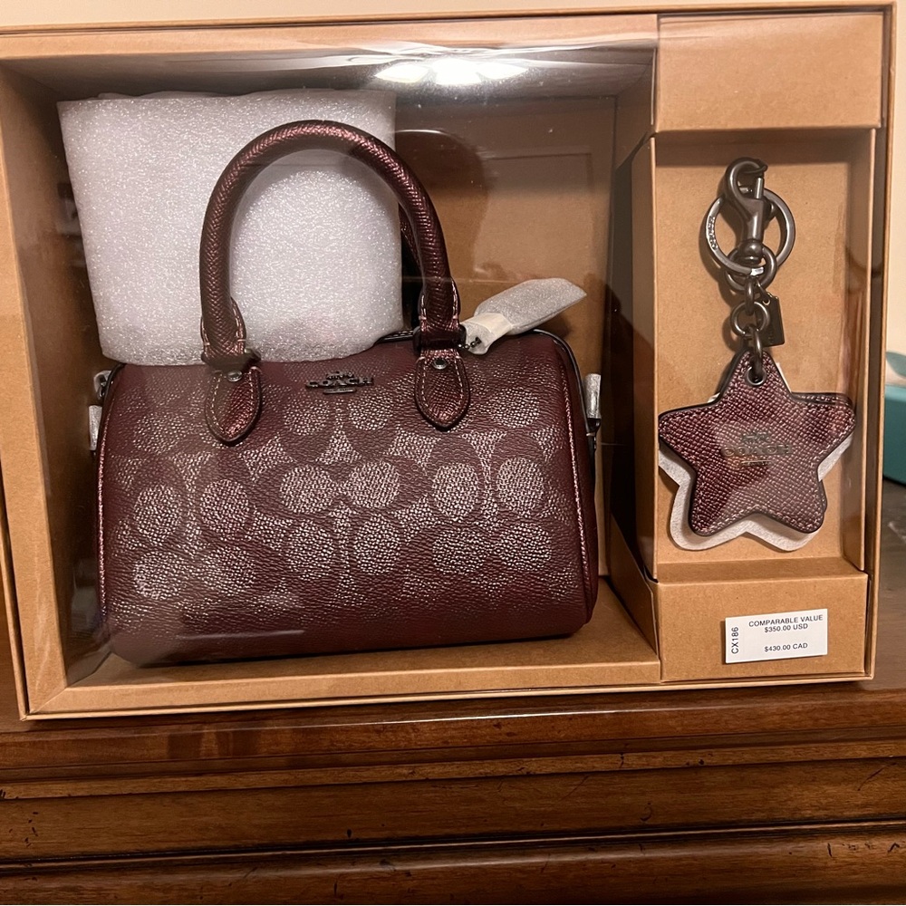 NWT Coach Boxed Mini Rowan Crossbody Bag & Mirror Bag Charm Signature Canvas.